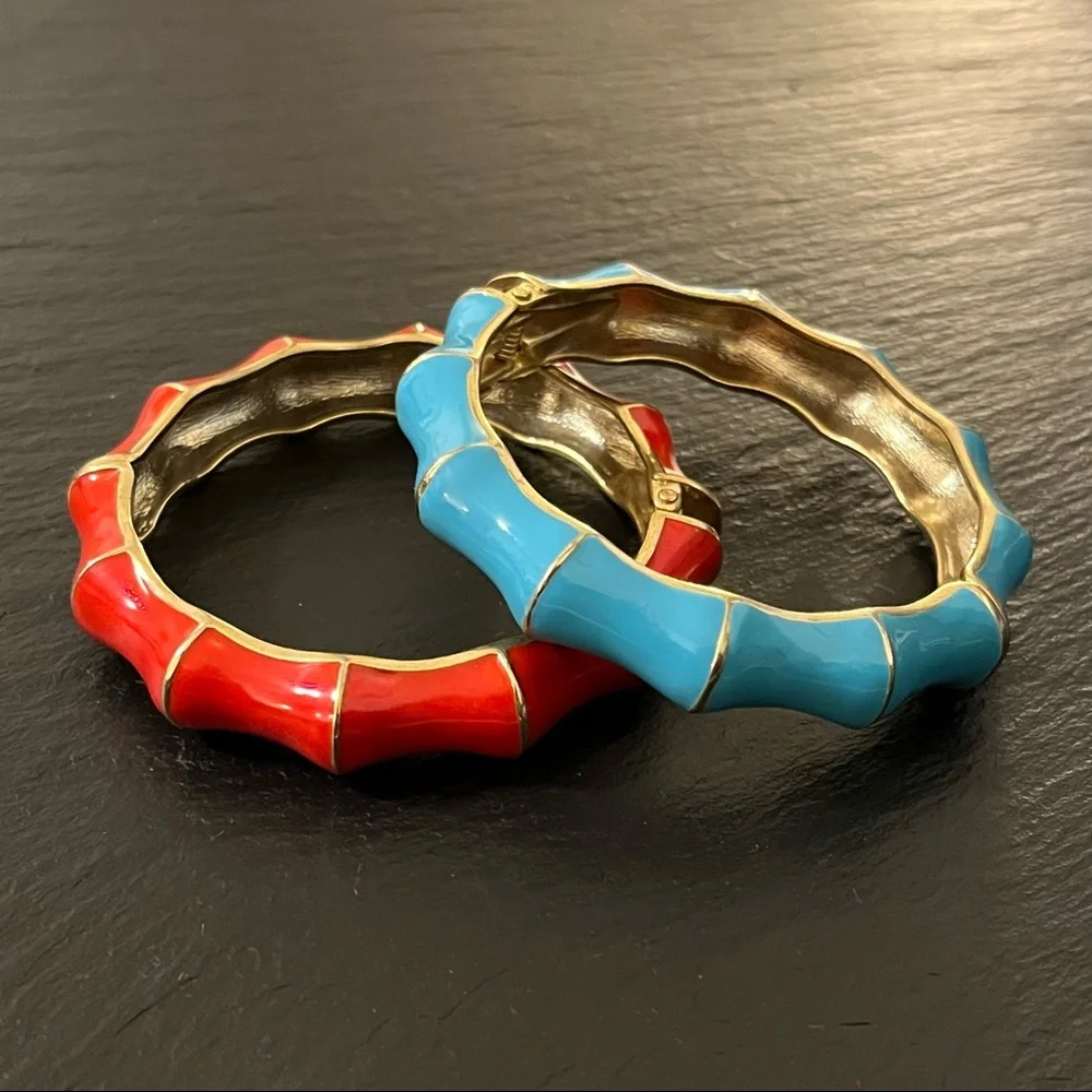 Set of Blue and Red Enamel on Gold Tone Spring Open Bracelets